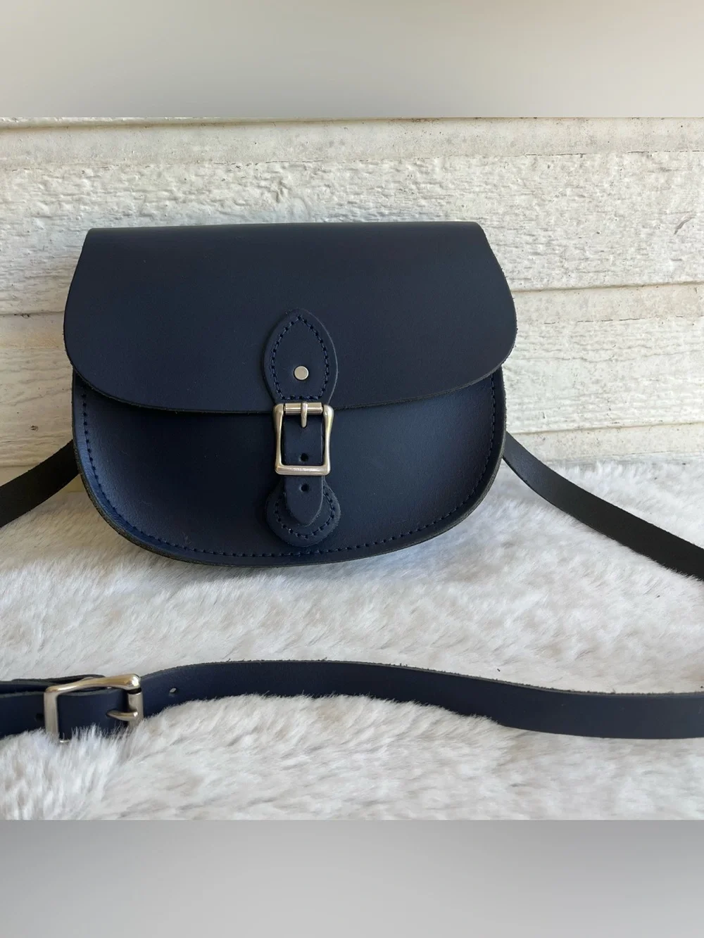 THE LEATHER SATCHEL CO. Navy Blue Flap Saddle Bag Crossbody